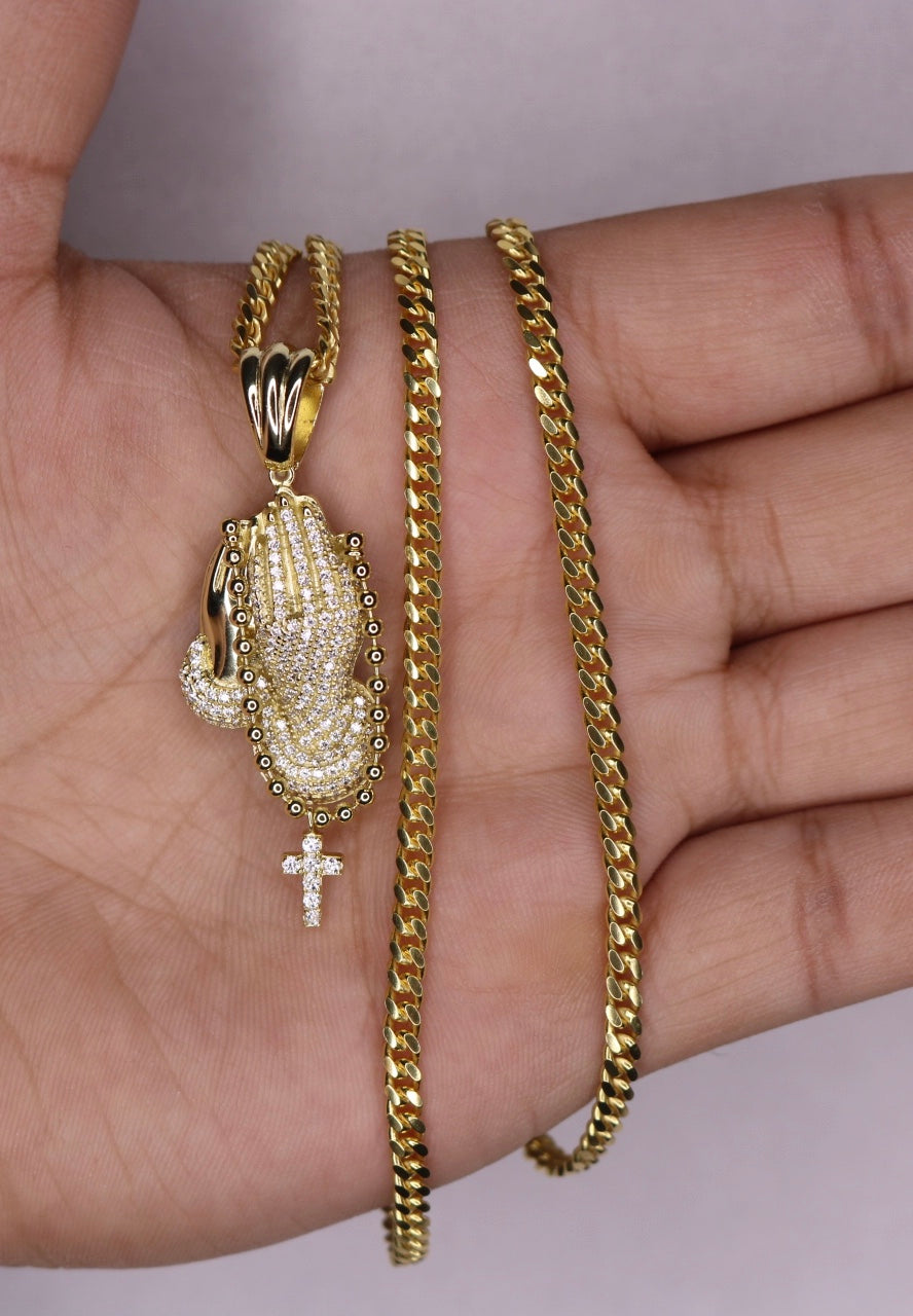 Iced Praying Hand 14k Vermeil Gold With Chain