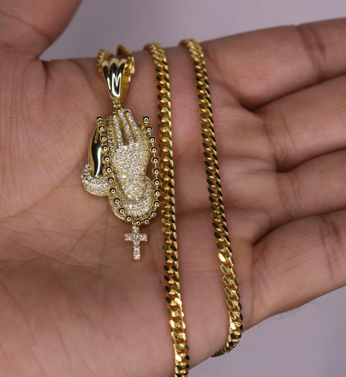 Iced Praying Hand 14k Vermeil Gold With Chain