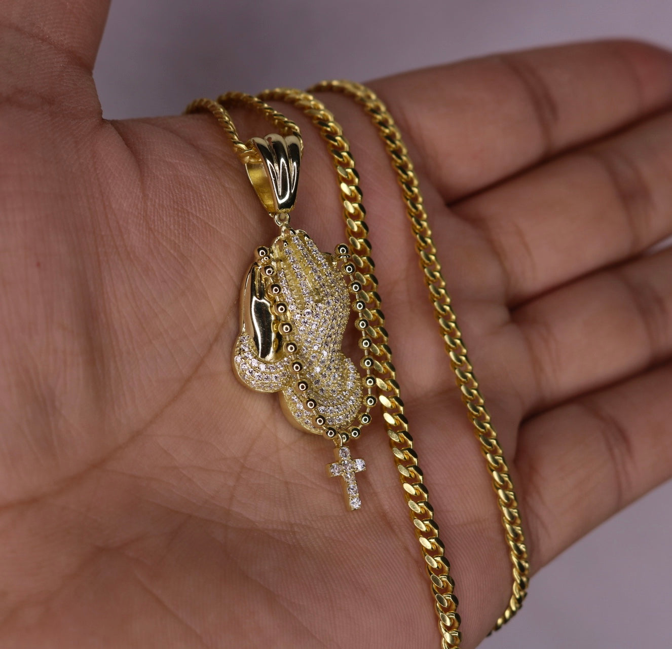 Iced Praying Hand 14k Vermeil Gold With Chain